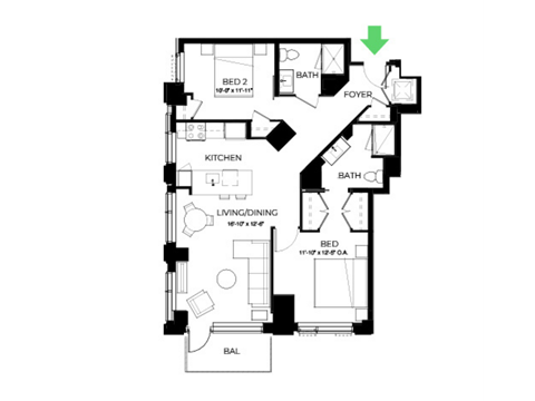 Floor plan for 2 beds, 2 baths, 1071 sqft